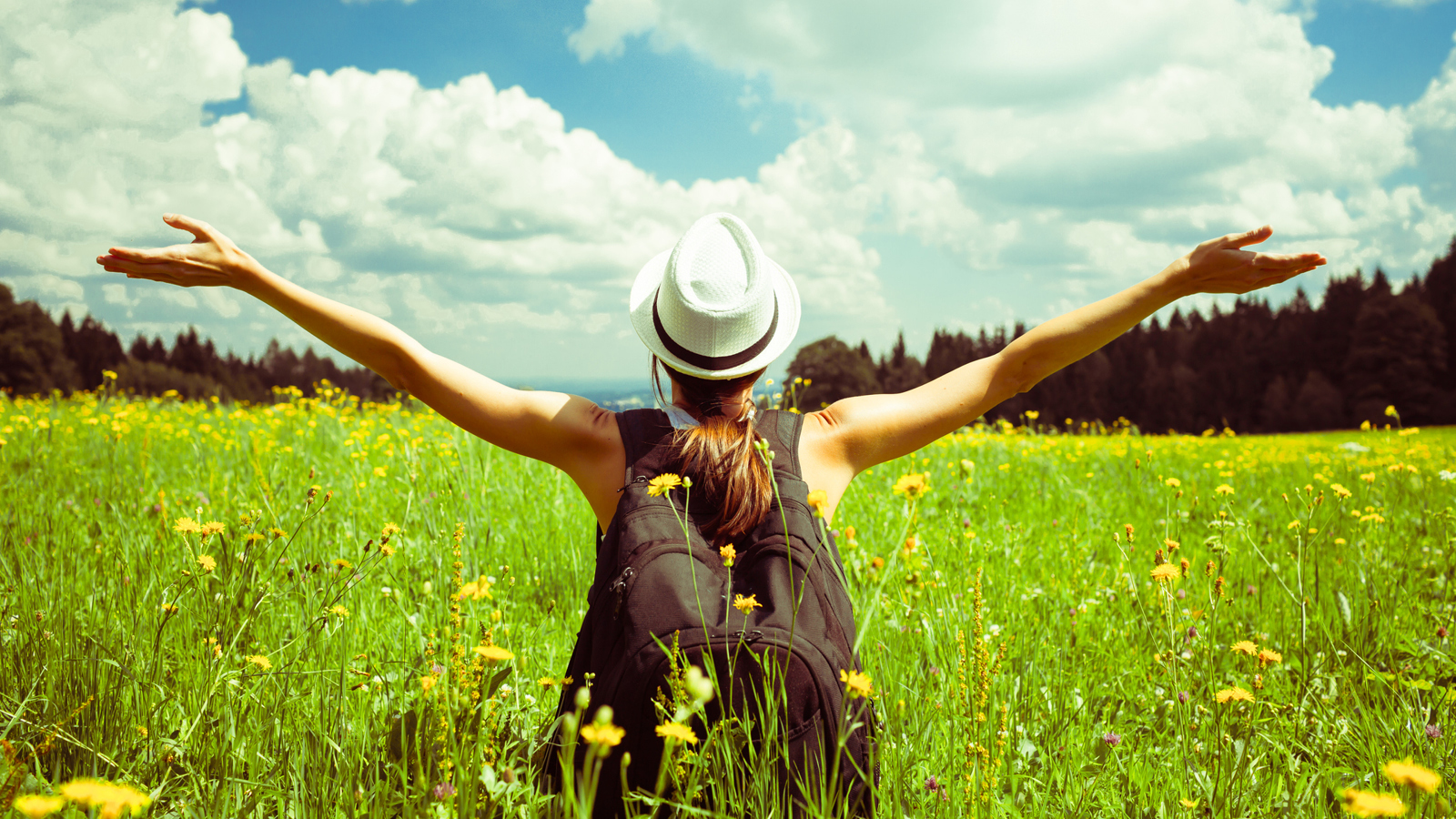 a woman holds out her arms in a spring field